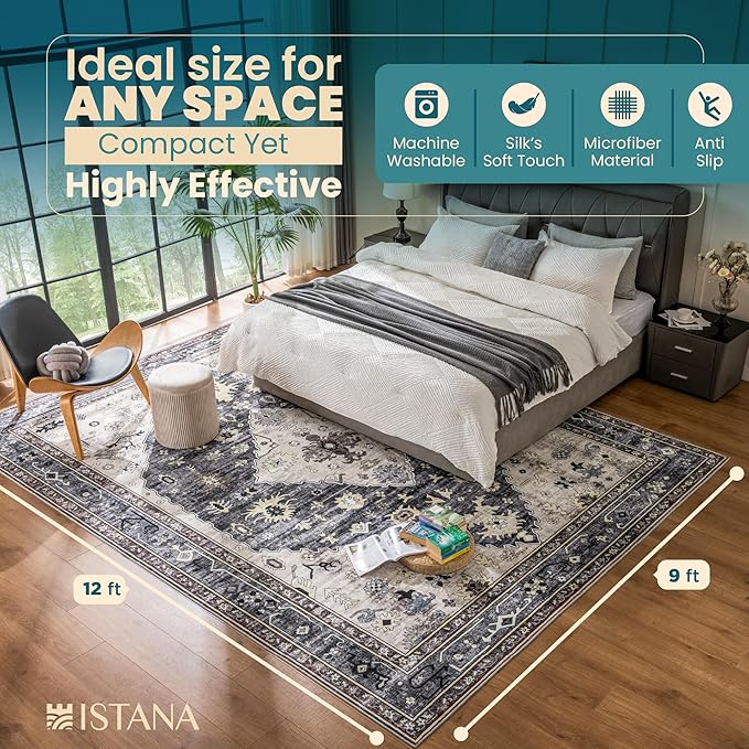 Istana Area Rugs 9x12 - Dark Grey Blue/Rose Mauve Rugs for Bedroom - Foldable Big Rugs for Bedroom - Stain Resistant Rug 9x12 Area Rug - 9X 12 Area Rugs - Washable Area Rug - Beige Rug