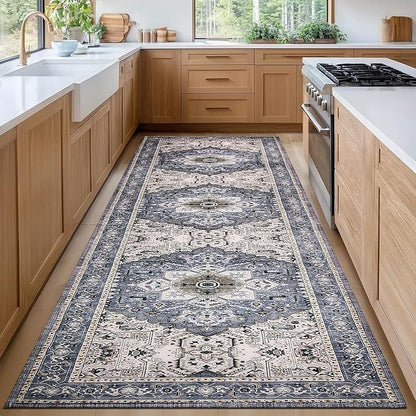 PURRUGS Vintage Farmhouse Boho Runner Rug 2'6" x 8', Non-Slip Machine Washable Rug, Accent Area Rug for Kitchen, Hallway, Entryway, Bedroom, Living Room and Dining Room, Periwinkle Gray/Soft Ivory