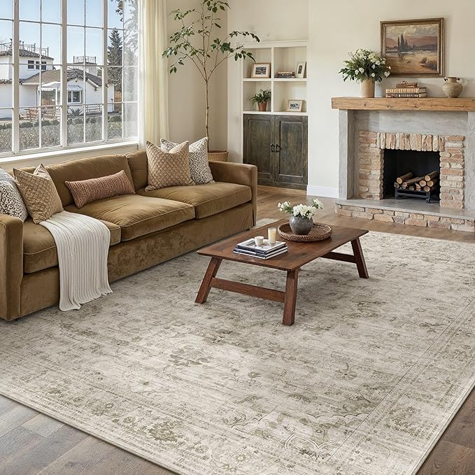 HUGEAR Washable 8x10 Area Rugs Retro Beige Living Room Bedroom Rug Vintage Distressed Non Slip Stain Resistant Low Pile Neutral Throw Carpet for Home Decor