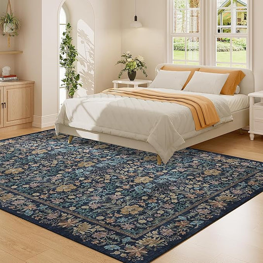 DUKINO 6x9 Rugs for Living Room, Vintage Washable Rug with Non Slip Backing, Floral Low Pile & Non-Shedding Large Area Carpets for Bedroom, Dining Room, Farmhouse, Home Office, Dark Blue
