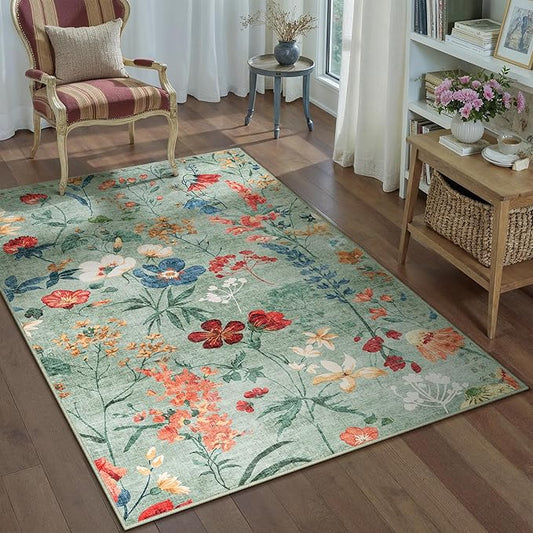 Green Area Rug 4x6 Office Floral Indoor Door Mat Washable Boho Kitchen Living Room Carpet Non Slip Bedroom Low Pile Lightweight Throw Rug for Dining Room Farmhouse
