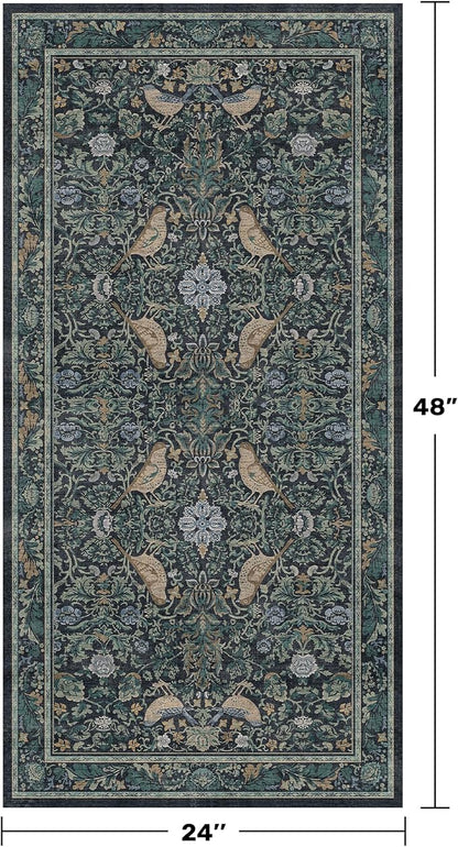 Washable Floral Small 2x4 Thin Door Mats for Inside Entry, Dark Blue Bird Non Slip Kitchen Rug, Low Pile Bathroom Rug, Traditional Carprt for Bedroom Besdide Bed