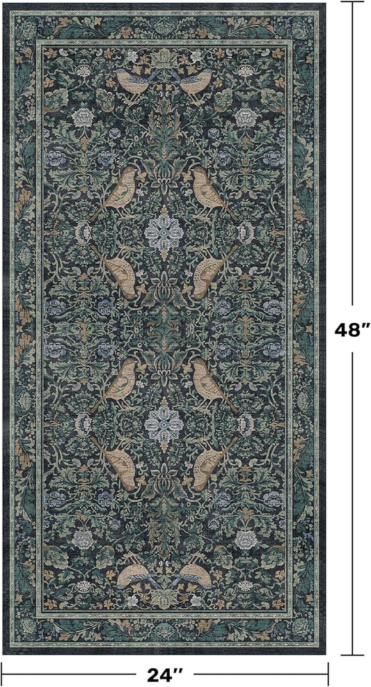 Washable Floral Small 2x4 Thin Door Mats for Inside Entry, Dark Blue Bird Non Slip Kitchen Rug, Low Pile Bathroom Rug, Traditional Carprt for Bedroom Besdide Bed