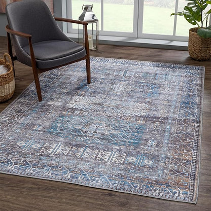 Bloom Rugs Washable 6' x 9' Rug - Slate Gray/Blue Traditional Area Rug for Living Room, Bedroom, Dining Room, and Kitchen - Exact Size: 6' x 9'