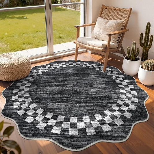 GarveeHome Scalloped Round Rug 4ft Modern Solid Color Circle Rugs Non Slip Low Pile Living Room Throw Carpat Washable Bedroom Scalloped Round Area Rug Stain Resistant Bordered Rug for Kitchen, 4'x4'