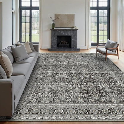 Vintage Area Rug 10x14 Black Washable Living Room Large Carpet Non Slip Bedroom Indoor Office Low Pile Traditional Distressed Retro Accent Rug for Dining Room
