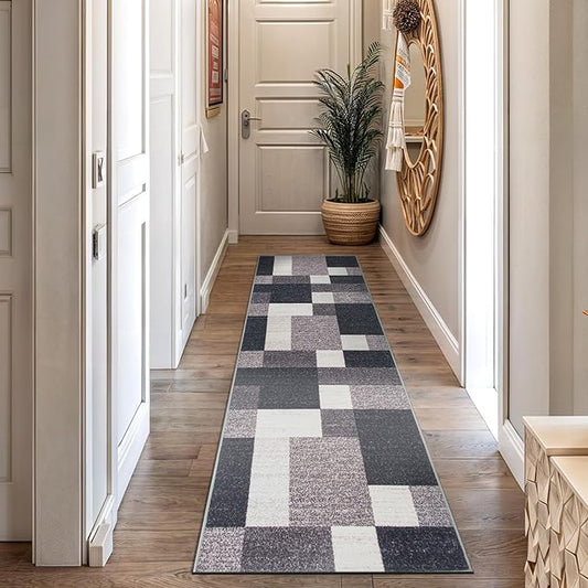 Rugshop Modern Boxes Design Non-Slip (Non-Skid) Runner Rug 2' x 10' Gray