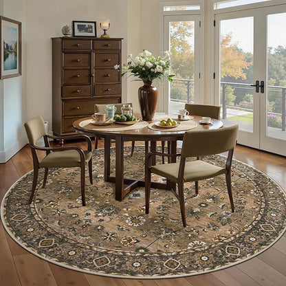 Tangsoo Vintage Round Rug 6ft,Washable Circle Rug, Non Slip Boho Round Area Rug,Low Pile Circular Rugs,Large Round Rugs Carpet for Livingroom,Bedroom,Nursery,Dorm,Office,Brown