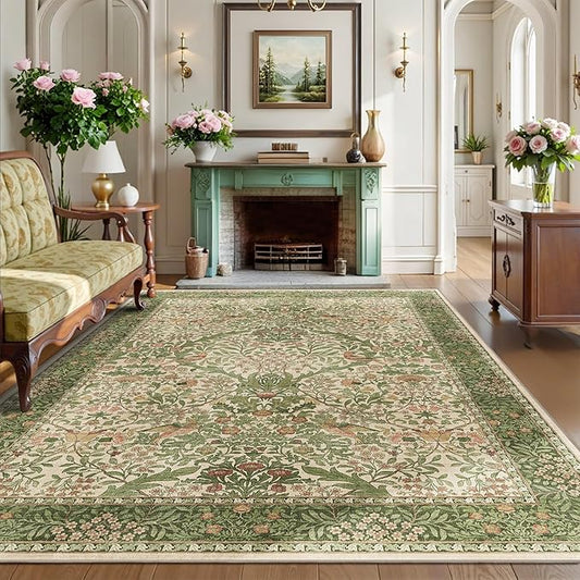 6x9 Floral Washable Area Rug for Living Room, Vintage Boho Rugs for Bedroom Dining Room, Botanical Birds Non Slip Low Pile Forest Throw Carpet for Farmhouse Office, Retro Pink/Green
