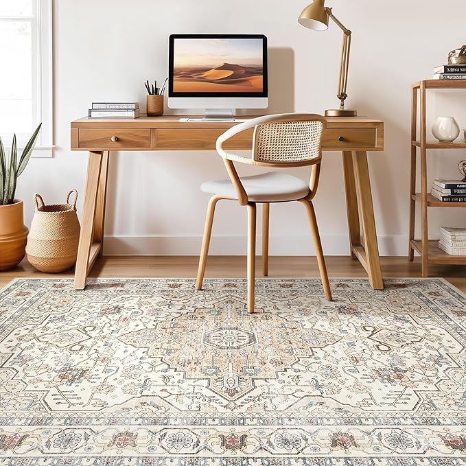 5x8Ft Area Rug Living Room: Washable Boho Large Neutral Vintage Soft Rugs Stain Resistant Farmhouse Non Slip Indoor Floor Carpet for Bedroom Nursery Kids Playroom Office Dining Room- Cream Blue