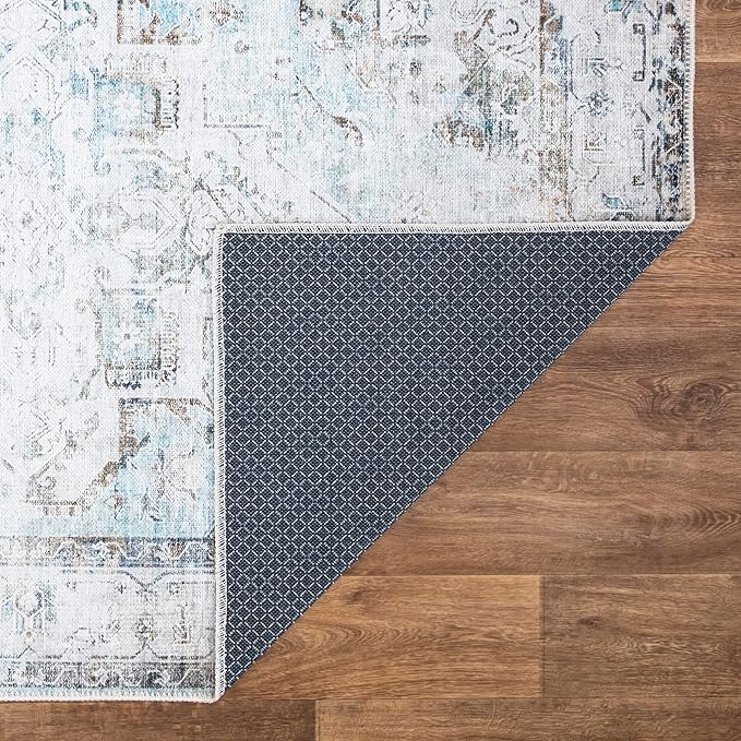 Bloom Rugs Washable Non-Slip 7 ft Runner - Beige/Blue Traditional Runner for Entryway, Hallway, Bathroom, and Kitchen - Exact Size: 2.5' x 7'