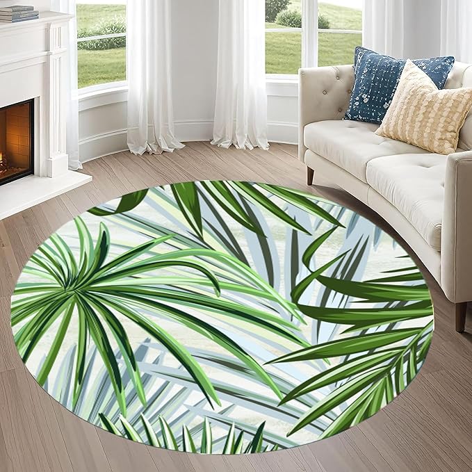 Round Rug 6ft - Pink Tropical Floral with Watercolor Leaves, Non-Slip Low Pile Circle Rug, Bohemian Jungle Turtleback Design for Dining Room Table, Living Room, Bedroom