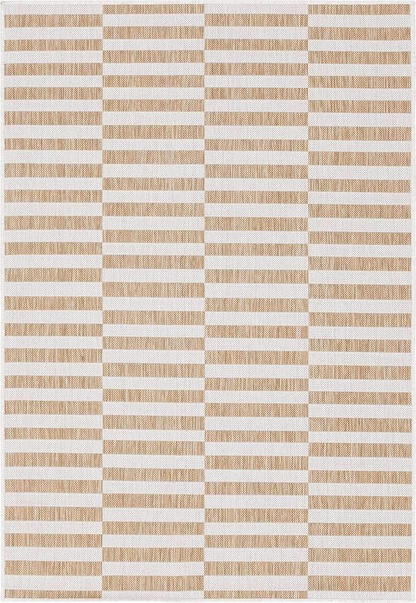 Unique Loom Outdoor Striped Collection Area Rug - Striped (6' 1" x 9' Rectangle, Taupe/Ivory)