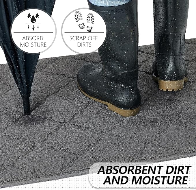 Timo Indoor Door Mat, Front Door Rug 32"x48" Rubber Backing Non Slip Absorbent Doormat, Resist Dirt Indoor Mats for Front Door Entry, Machine Washable Entry Rug for Home Muddy Wet Shoes, Grey