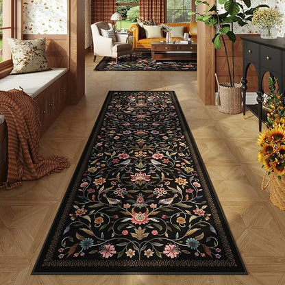 Vintage Medallion Floral Kitchen Runner 2x6, Machine Washable Rug, Soft Low Pile, Non-Slip Carpet for Hallways, Laundry, Bedroom, Bathroom, Entryway | Black