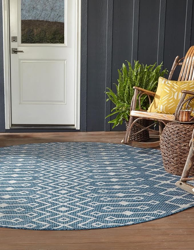 Unique Loom Outdoor Trellis Collection Area Rug - Tribal Trellis (10' Round, Blue/ Ivory)