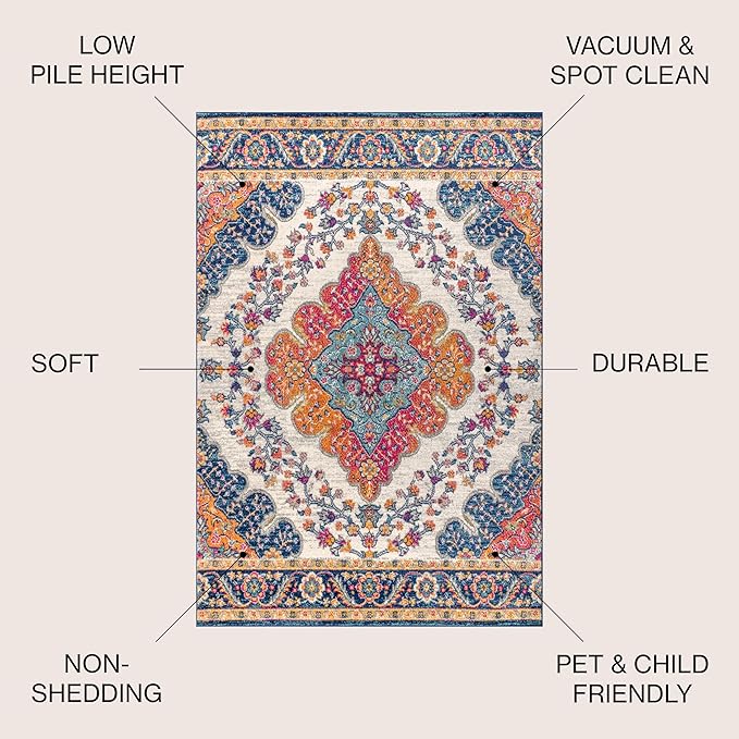 JONATHAN Y Boho Vintage Blue/Multi 6x9 Oval Area Rug, Bohemian Flair Medallion, Floral Easy-Cleaning High Traffic for Living Room, Bedroom, Kitchen, Pet-Friendly, Non Shedding (BMF106A-6OV)