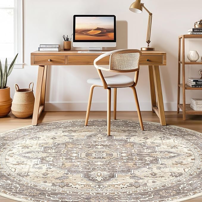 Round Rug Living Room Rugs: 4x4 Washable Boho Neutral Circle Soft Non-Slip Indoor Vintage Stain Resistant Floor Farmhouse Carpet for Bedroom Nursery Kids Playroom Entryway Dorm Home- Beige Brown