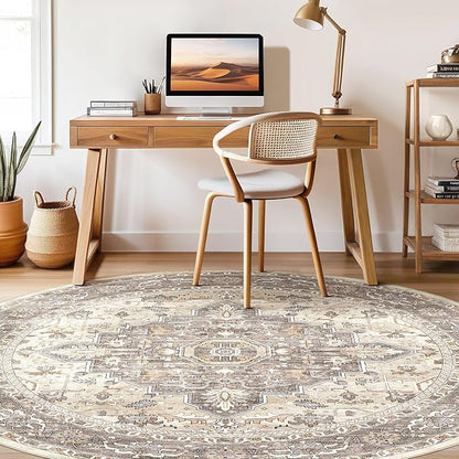 Round Rug Living Room Rugs: 7x7 Washable Boho Neutral Large Circle Soft Indoor Floral Stain Resistant Floor Farmhouse Carpet for Bedroom Nursery Kids Playroom Office Dining Room Dorm Home- Beige Brown