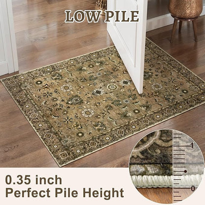 Tangsoo 3x5 Rug Floral Rug for Bedroom, Washable Vintage Rugs Indoor, Non Slip Accent Rug, Print Distressed Brown Carpet, Soft Low Pile Area Rug for Living Room Dorm Bedroom Bedside Entryway
