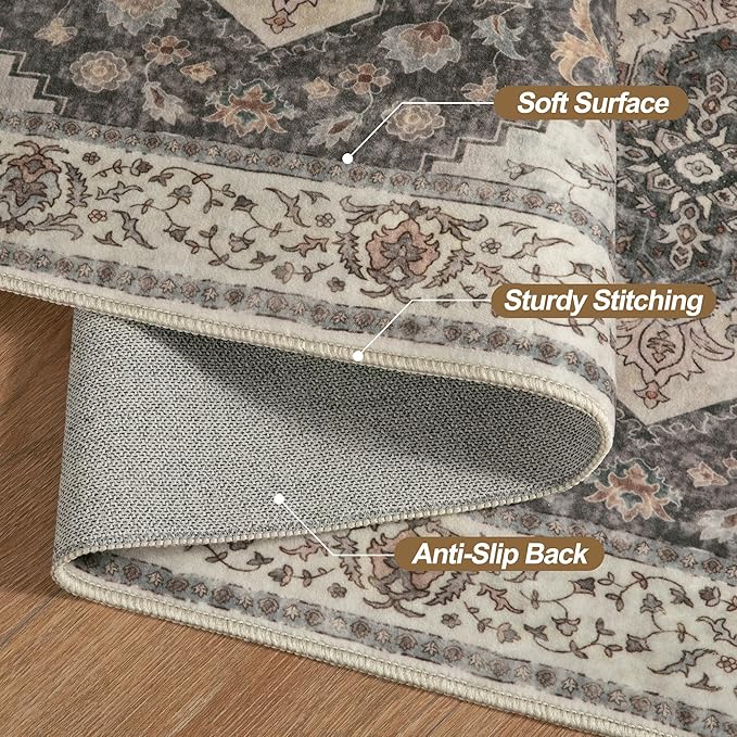 Tangsoo Vintage 3x4 Rug Washable Non Slip Small Indoor Accent Rug, Print Distressed Small Carpet, Soft Low Pile Rug for Living Room Dining Bedroom Bedside Entryway Grey Multi