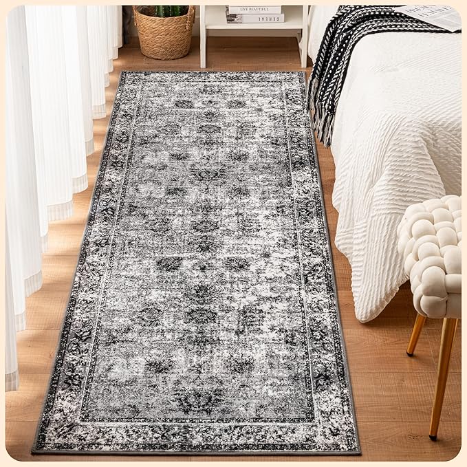 Istana Hallway Runner Rug 2.5x8 - Dark Grey Kitchen Rugs Non Slip Washable -Silk's Soft Touch Carpet Runner - Stylish Rugs for Home