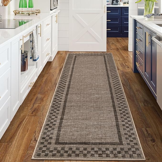 GarveeHome Runner Rug 2x6 for Kitchen Non Slip Washable Hallway Runner Rugs Modern Bordered Bathroom Throw Mat Soft Non Shedding Checkered Runners Geometric Area Rug for Bedside Living Room, Brown