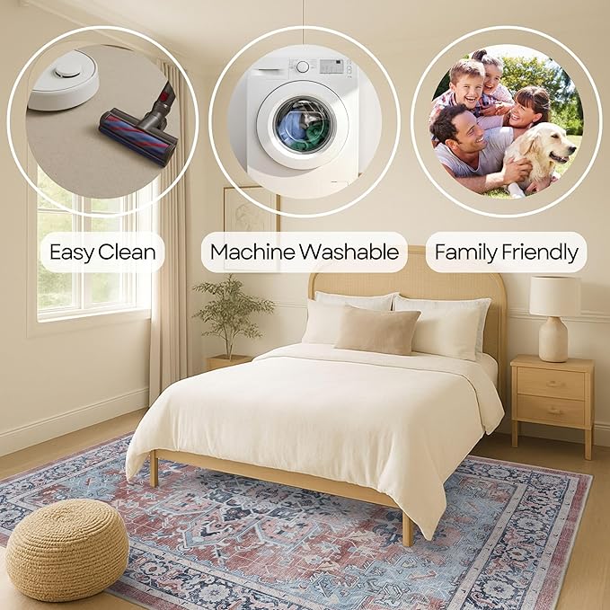 Fame Rugs Turkish Rug. Washable Vintage Oriental Antique Inspired Traditional Doormat Small Modern Area Rugs Luxury Entryway Entry Bedroom Bathroom Kitchen (401TB, 2'5 x 9'8)