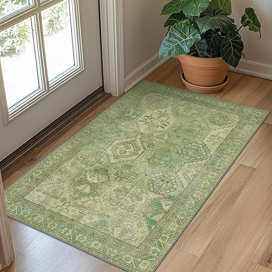 Bavni 2x3 Entryway Rug Bathroom Rugs for Front Door Bedroom Bathroom Kitchen, Washable Vintage Print Carpet, Ultra-Thin Chenille Lightweight Rug with Non Slip Backing, Light Green