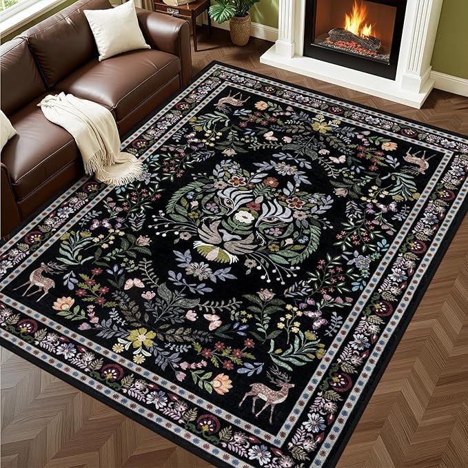 5x7 Area Rugs Living Room Rug: Vintage Washable Rug Floral Soft Carpet Indoor Floor Non-Slip Boho Stain Resistant Large Carpets for Bedroom Kids Nursery Dining Room Farmhouse Home Office Black