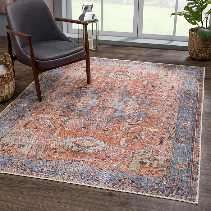 Bloom Rugs Washable 3' x 5' Rug - Terracotta/Blue Traditional Area Rug for Living Room, Bedroom, Dining Room, and Kitchen - Exact Size: 3' x 5'