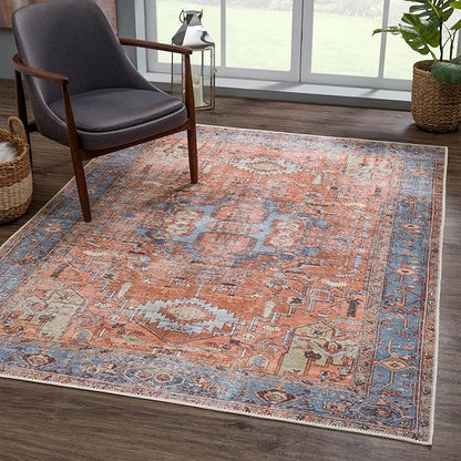 Bloom Rugs Washable 5' x 7' Rug - Terracotta/Blue Traditional Area Rug for Living Room, Bedroom, Dining Room, and Kitchen - Exact Size: 5' x 7'