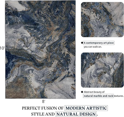 Washable Rug for Living Room: Abstract 8x10 Area Rugs for Bedroom Dining Room Low Pile Non-Slip - Stain Resistant Large Carpet Indoor - Modern Marble Blue Gold