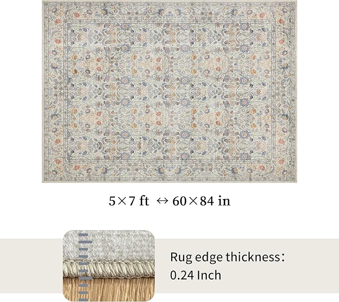 Washable Living Room Rug: 5x7 Boho Floral Soft Area Rug for Bedroom Decor - Vintage Low Pile Thin Carpet for Dining Room Non-Slip - Farmhouse Stain Resistant Rugs - Beige Blue