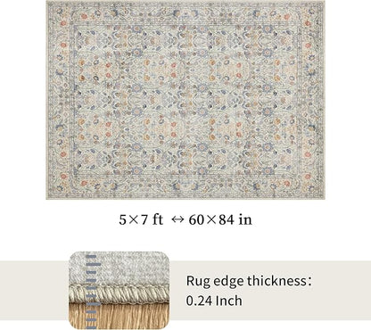 Washable Living Room Rug: 5x7 Boho Floral Soft Area Rug for Bedroom Decor - Vintage Low Pile Thin Carpet for Dining Room Non-Slip - Farmhouse Stain Resistant Rugs - Beige Blue