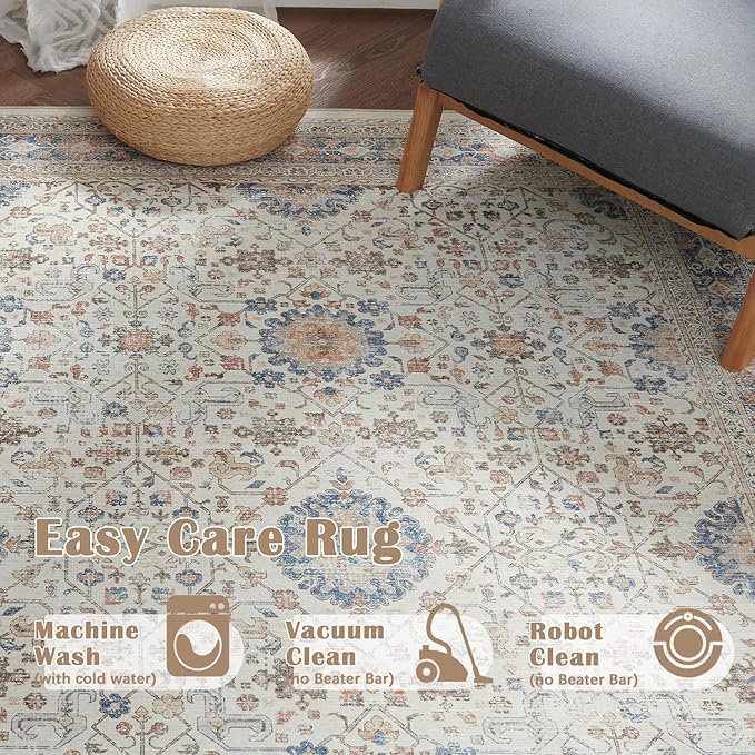 jinchan Area Rug 8x10 Washable Living Room Rug Vintage Distressed Orange Multi Floral Floor Cover Indoor Mat Retro Carpet Bedroom Office Kitchen Farmhouse