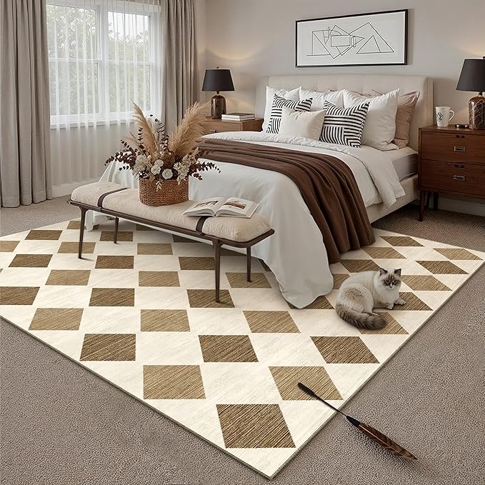 8x10 Checkered Area Rugs for Living Room Brown Machine Washable Large Rug Non-Slip Stain Resistant Low Pile Boho Accent Indoor Throw Carpet for Bedroom Dining Room Home Aesthetic Decor
