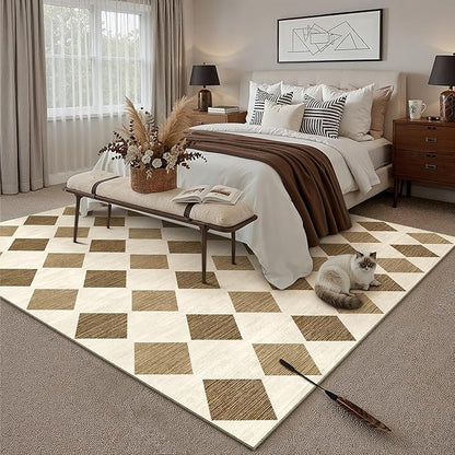 6x9 Checkered Area Rugs for Living Room Brown Machine Washable Large Rug Non-Slip Stain Resistant Low Pile Boho Accent Indoor Throw Carpet for Bedroom Dining Room Classroom