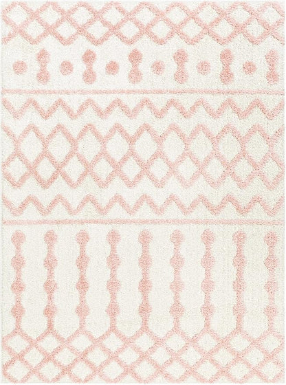 Hauteloom Tilos Moroccan Farmhouse Hallway, Entryway Shag Runner Rug - Shaggy Long Runner Rug - Trellis Pattern - High Plush Pile - Cream, Pink, Beige - 2'7" x 7'3"