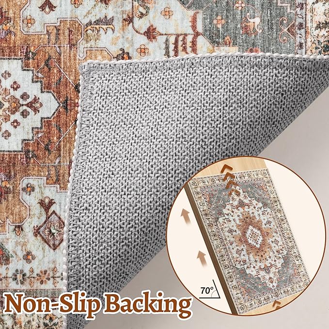 Tangsoo Vintage Rug 2x3 Washable for Entryway, Non Slip Small Area Rug, Indoor Front Door, Print Distressed Turmeric Door Mat Carpet, Soft Low Pile Rugs for Entrance Kitchen Bedroom Bathroom