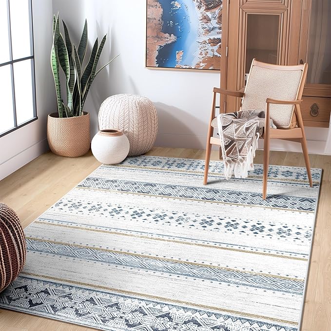 BESTSWEETIE 4x6 Area Rugs for Living Room Washable Moroccan Farmhouse Neutral Geometric Low Pile Non-Slip Soft Print Pattern Rug for Bedroom Kitchen Dining Room Entryway Blue/Brown