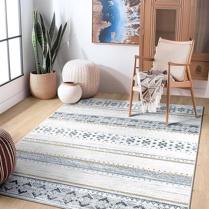 BESTSWEETIE 4x6 Area Rugs for Living Room Washable Moroccan Farmhouse Neutral Geometric Low Pile Non-Slip Soft Print Pattern Rug for Bedroom Kitchen Dining Room Entryway Blue/Brown