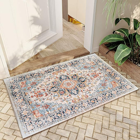 VK VK·LIVING Entryway Washable Rug 2'x3' Small Boho Bathroom Throw Area Rug Non Slip Doormat Indoor Front Door Machine Washable Carpet for Bathroom Kitchen Vintage (Blue Orange)