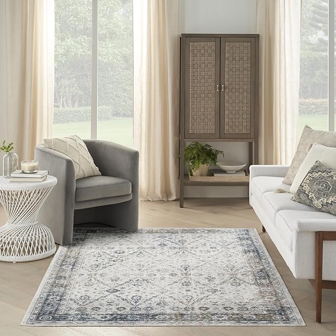Nourison Home Astra Machine Washable Ivory Blue 5'3" x 7' Area Rug - Easy Clean, Non Shedding, Bed Room, Living Room, Dining Room, Kitchen (5' x 7')
