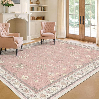 Pink Washable 6x9 Rug for Bedroom - Nursery Floral Girls Room Rug Machine Washable Non Slip Kids Playroom Mat, Cute Girly Thin Low Pile Stain Resistant Living Room Decor