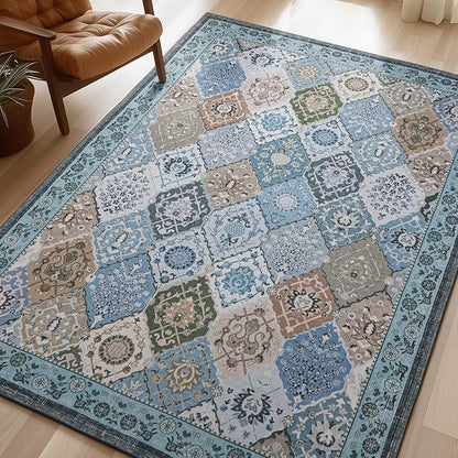 Phantoscope Washable Area Rug 4'x6' Non-Slip, Vintage Boho Rugs for Living Room, Bedroom, Dining Room, Distressed Moroccan Mosaic Diamond Pattern, Low-Pile Foldable Floor Carpet, Blue Teal/Neutral