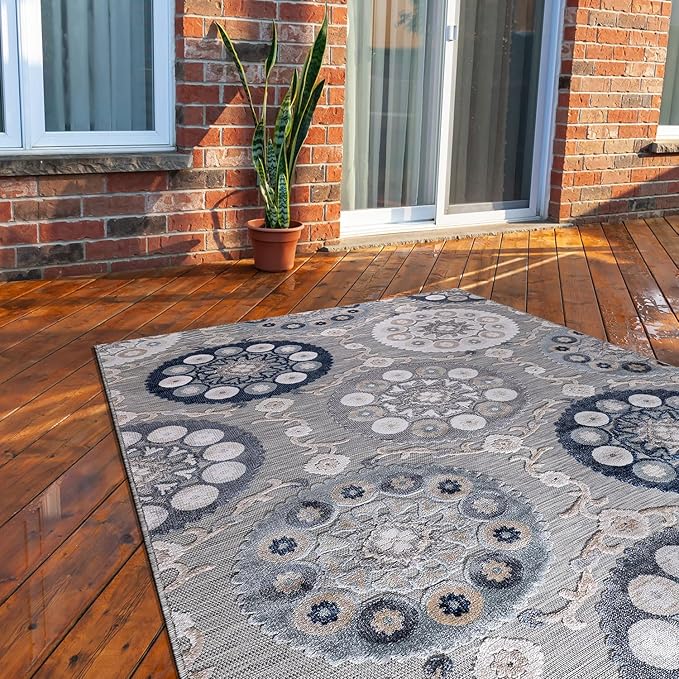 CAMILSON Indoor Outdoor Rug 5x7 Bohemian Medallion Floral Area Rugs for Indoor and Outdoor Patios Easy-Cleaning Non-Shedding Living Room Garden and Kitchen Washable Outside Carpet (5 x 7 / Blue)