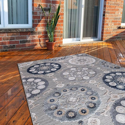 CAMILSON Indoor Outdoor Rug 5x7 Bohemian Medallion Floral Area Rugs for Indoor and Outdoor Patios Easy-Cleaning Non-Shedding Living Room Garden and Kitchen Washable Outside Carpet (5 x 7 / Blue)