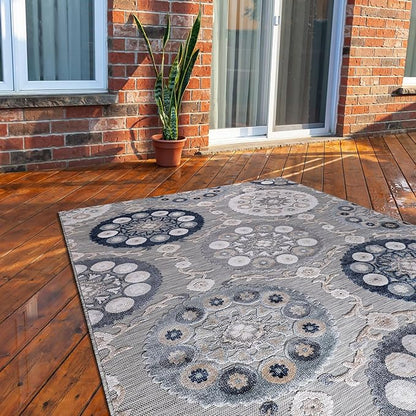 CAMILSON Indoor Outdoor Rug 6x9 Bohemian Medallion Floral Area Rugs for Indoor and Outdoor Patios Easy-Cleaning Non-Shedding Living Room Garden and Kitchen Washable Outside Carpet (6 x 9 / Blue)
