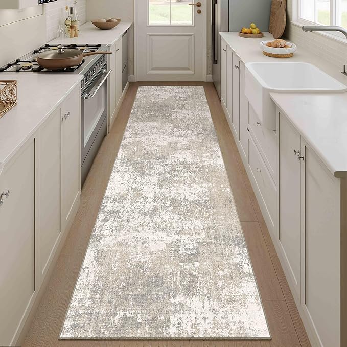 Modern Abstract Beige Gray Area Rug 2x8 Hallway Runner Machine Washable Carpet Bathroom Kitchen Indoor Accent Throw Low Pile Non Slip Distressed Laundry Living Dining Room Bedroom Office